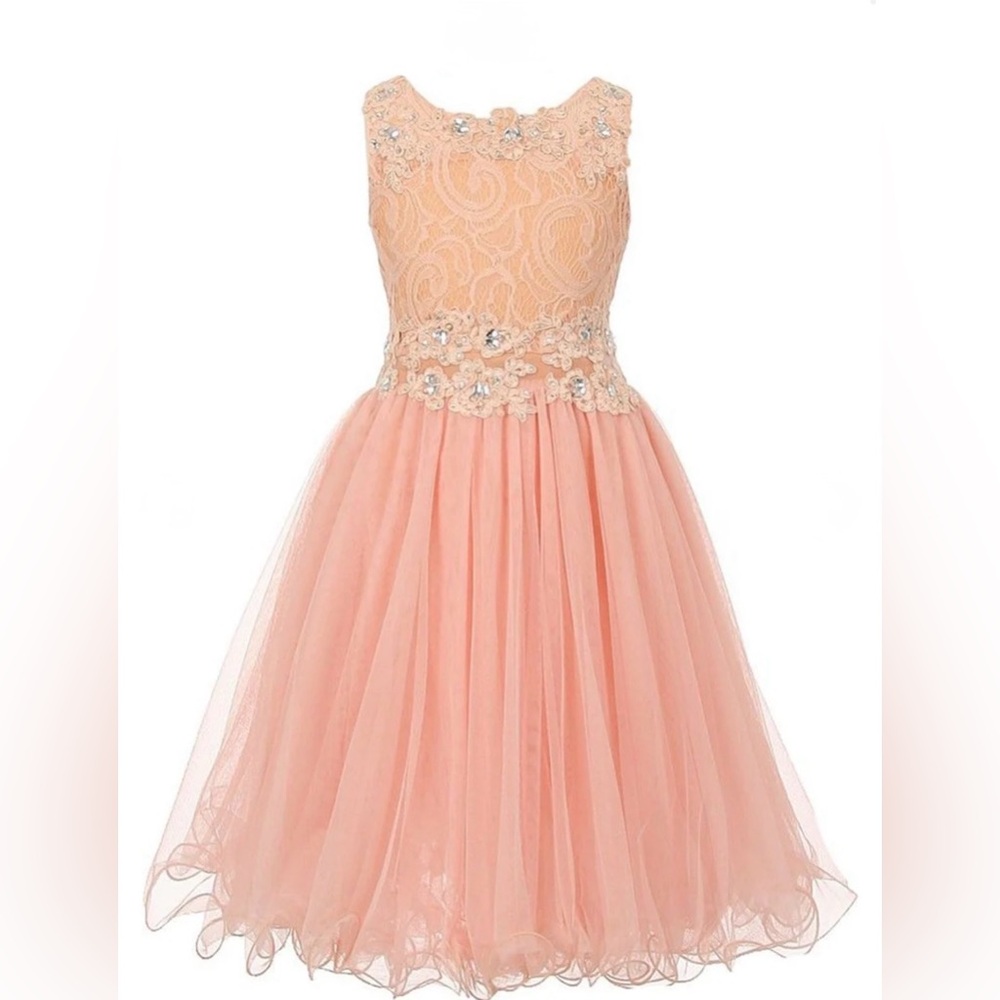 Lace Mesh Rhinestone Wired Flower Girl Birthday Party Wedding Dress